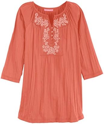 Women's Plus Size Pretty Crinkle Knit Tunic Top With Lavish Embroidery 3/4 Sleeves (Dusty Coral,4X)