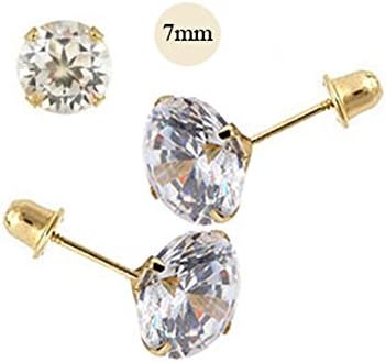 14K Yellow Gold 7mm Round Simulated Diamond Stud Earring Set on High Quality Stamping Setting, Screw Back Post