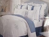 RAYMOND WAITES Blue Floral MILFORD White Embroidery 3PC FULL/QUEEN DUVET CO ....