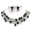 Black and Clear Glass Stone Dangle Chain Necklace and Earrings Set Fashion Jewelry