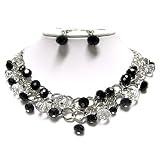 Black and Clear Glass Stone Dangle Chain Necklace and Earrings Set Fashion Jewelry