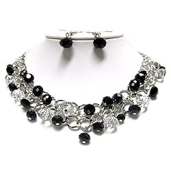 Black and Clear Glass Stone Dangle Chain Necklace and Earrings Set Fashion Jewelry