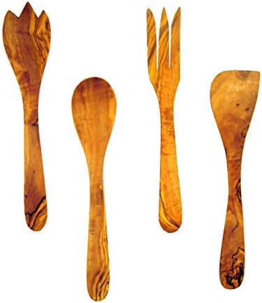 Easy Made Kitchen Artesian Collection 4 Piece Olive Wood Salad Serving Tongs and Cooking Utensil Set