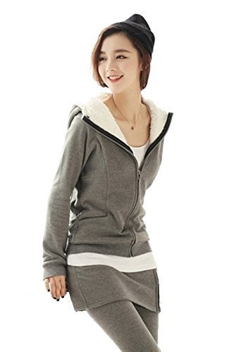(プチプライム) Petit Prime レジャーウェア コットン レディース フリース ツーピース 上下セット セットアップ ジャージ カジュアル ストリート スポーティー 大人 春 秋 無地 スカート付き 長袖 フード付き パーカー フルジッパー ストレッチ グレー