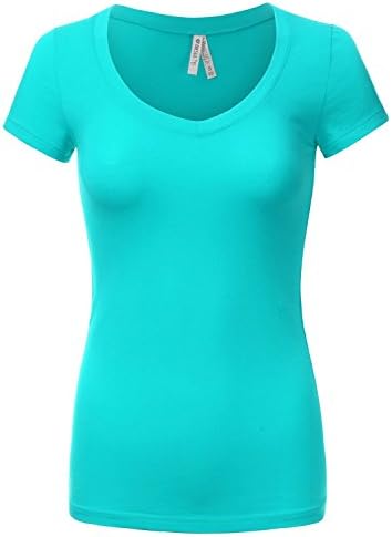 DRESSIS Women's Basic Deep Plunging V neck Cap Sleeve Slim T-Shirt PEACOCK S