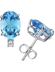 12X10mm Oval Blue Topaz and Diamond Stud Earrings in 14K White Gold