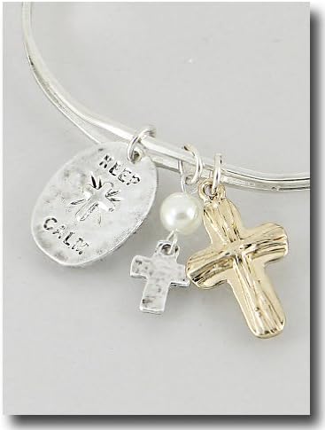 Womens Bracelets | Shop By Style///cross | Inspirational | Inspirational///religious | - Bracelets///metal Works | - Bracelets///cuff / Hinge / Bangle | 2.5 Inch | Worn Silver-gold | Cross and Keep Calm Bracelet