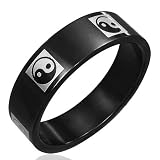 New Gents Black Stainless Steel Band Ring with Yin Yang Symbol Design, 8mm Wide.