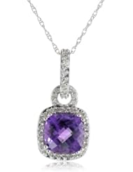 10k White Gold, Cushion-Cut Amethyst, and White Diamond Pendant Necklace (1/10 cttw, IJ Color, I2-I3 Clarity), 18"