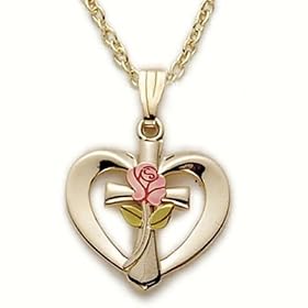 5/8" 24K Gold/Sterling Silver Pierced Heart Necklace with Rose Enamel Cross on 18" Chain