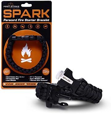 SPARK (TM) Fire Starter Paracord Bracelet with Emergency Whistle Side Release Buckle - Magnesium Fire Steel - Clasp with Knife Cutter & Striker Accessories - Survival Gear Kit on your wrist - Black 550 Mil-Spec 7-Strand Parachute Cord Rope - Uses include EDC, Camping Supplies, Outdoor Hiking and Hunting, Fishing, Lanyard, Belt, Knot, Jig, Clips - Best Paracord Bracelet Available - 100% SATISFACTION GUARANTEE & LIFETIME WARRANTY