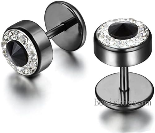 2Pcs Black Silver Men Barbell Punk Stainless Steel Crystal Ear Studs Earrings