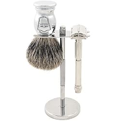 Parker 60R Safety Razor Shave Set - Includes Pure Badger Brush, Stand & Parker 60R Butterfly Open Safety Razor
