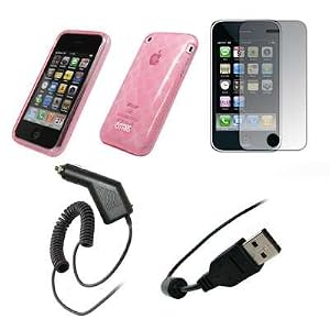 EMPIRE - Premium Pink Soft Silicone Gel Skin Cover Thermoplastic Polyurethane (TPU) Case + Crystal Clear Screen Protector + Rapid Car Charger + USB Data Sync Charge Cable for Apple iPhone 3G, 3G S