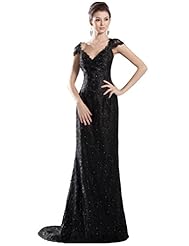 V-neck Mermaid Cap Sleeves Illusion Beaded Crystal Lace Crystals Evening Dress/Party Dress/Wedding Dress  with a Chapel Train 
