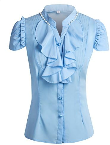 Women Elegant Stand Collar Lotus Leaf Ruffle OL Short Sleeve Blouse Light blue 6