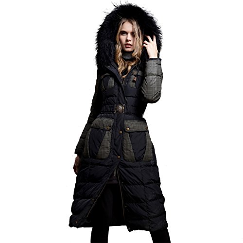 (アートカー)Artka オリジナルデザイン レディーズラクーンファーチェック柄ロング丈高級細身ダウンコート YK17946D