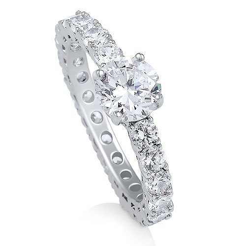 Sterling Silver Round Cubic Zirconia Solitaire Ring With Side Stones - Nickel Free Valentine Engagement Ring