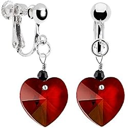 Handcrafted Sterling Ruby Angelic Heart Black Clip Earrings