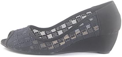 Just Merry Women Black Lattice Material Peep-toe Wedge Shoes in Large Size (US9.5)