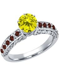 1.22 Ct Round Canary Diamond Red Garnet 14K White Gold Ring