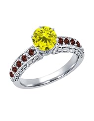 1.22 Ct Round Canary Diamond Red Garnet 18K White Gold Ring