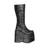 Pleaser - Stack-301, 7'' P/F Blk Glitter Knee Boot - Size 10
