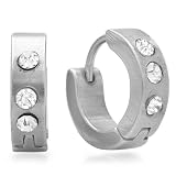 Stainless Steel Platinum Plated Hip Hop Iced Mens Ladies Unisex Huggie Hoop Earrings with White Crystal (13mm Length X 4mm Width)