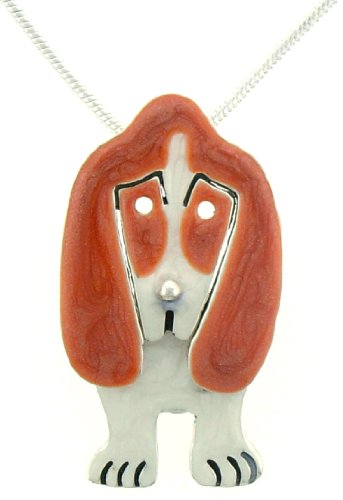 Basset Hound Dog w/ Swinging Legs Enameled Pendant Necklace