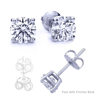 Cubic Zirconia Round Stud Earrings. 2.0 Carat Total Weight. High Quality White Gold