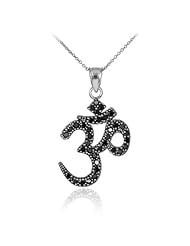 14k White Gold Hindu Meditation Charm Yoga "Om" (Ohm) Black Diamond Pendant Necklace