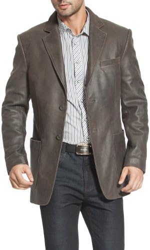 MODERM Men's "Eric" Three-Button Distressed Leather Blazer - Distressed Brown XL