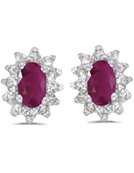 Birthstone Company 14k White Gold Oval Ruby And Diamond Earrings