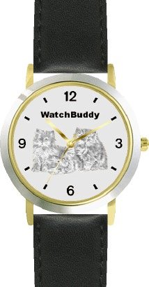Persian Kittens (SC) CAT - WATCHBUDDY® DESIGNER DELUXE TWO-TONE THEME WATCH - Arabic Numbers-EVENING TWILIGHT STYLE - Gray Dial with Black Leather Strap-Women's Size-Small
