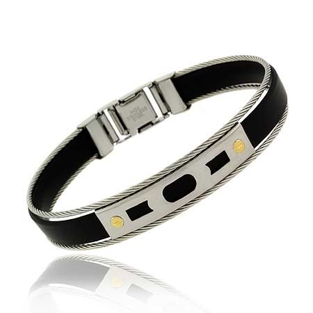 Genuine 18K Gold rubber Stainless Steel Screws Cable Mens Bracelet