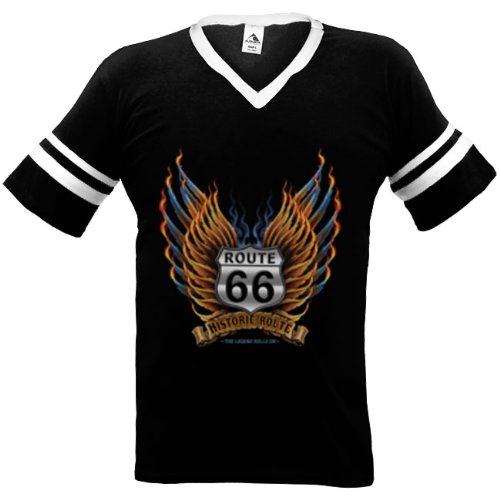 Historic Route, Route 66 Mens Ringer T-shirt, The Legend Rolls On Mens V-Neck Tee, Medium, Royal/White