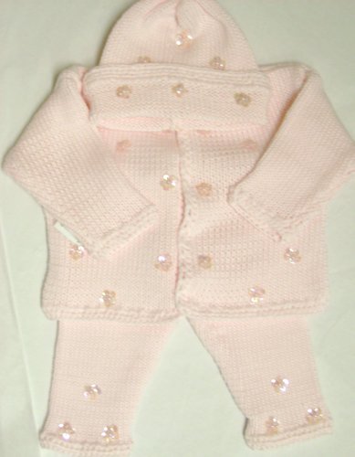 Cpk87, Knitted on Hand Knitted Machine Baby Pink Cotton Finished By Hand Crochet Infant Girls Cardigan Sweater Pant Hat Set Trimmed with Pink Sequin Stars.