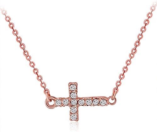 Sideways Cross Necklace Silver Rose Gold Diamond Pendant from Gokeg Offer for Women Girls (Silver)