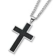 Black Carbon Fiber and Polished Stainless Steel Cross Necklace on 24 Inch Chain