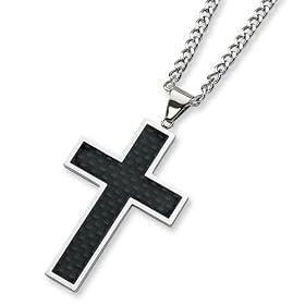 Black Carbon Fiber and Polished Stainless Steel Cross Necklace on 24" Chain