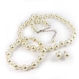 White 10mm Glass Pearl Necklace, Bracelet and Earring Set by Margot Townsend