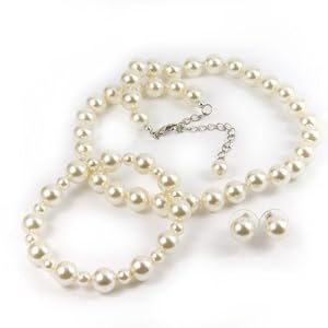 White 10mm Glass Pearl Necklace, Bracelet and Earring Se