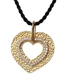 18K Yellow Gold Hammered-Finish Sliding Heart Pendant, Enhanced with Pave Set Diamonds, Set on a Black Silk Cord Necklace with an 18K Yellow Gold Clasp.