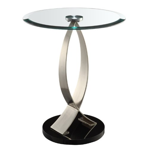 Powell Brushed Chrome, Black Poly and Glass Round Chairside Table