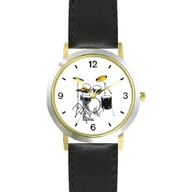 Drum Set (Drums) Musical Instrument Music Theme WATCHBUDDY® DELUXE TWO TONE THEME WATCH Arabic Numbers Black Leather Strap Size Womens Size Small Drum Set (Drums) Musical Instrument - Music Theme - WATCHBUDDY® DELUXE TWO-TONE THEME WATCH - Arabic Numbers - Black Leather Strap-Size-Women's Size-Small