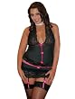 Plus Size Pinstripe Cami Halter Set Gartered Skirt Black Hot Pink Queen Size Lingerie