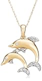 14k Yellow Gold Diamond Double Dolphin Pendant (1/10 cttw, G-H Color, I1 Clarity), 18"