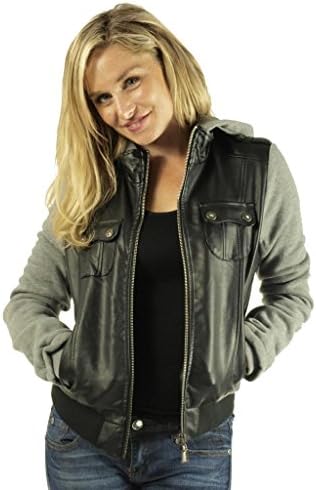 Rock Gal - Women's Zip Up Faux Leather Moto Jacket with Hoodie and Knit-sleeve Varsity Jacket - Black - X-Large