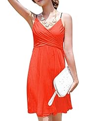 V-neck Cotton/Polyester Spaghetti Strap Gathered Mini Dress 