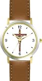 Jesus Christ on Cross or Crucifix Christian Theme - WATCHBUDDY DELUXE TWO-TONE THEME WATCH - Arabic Numbers - Brown Leather Strap-Women's Size-Small